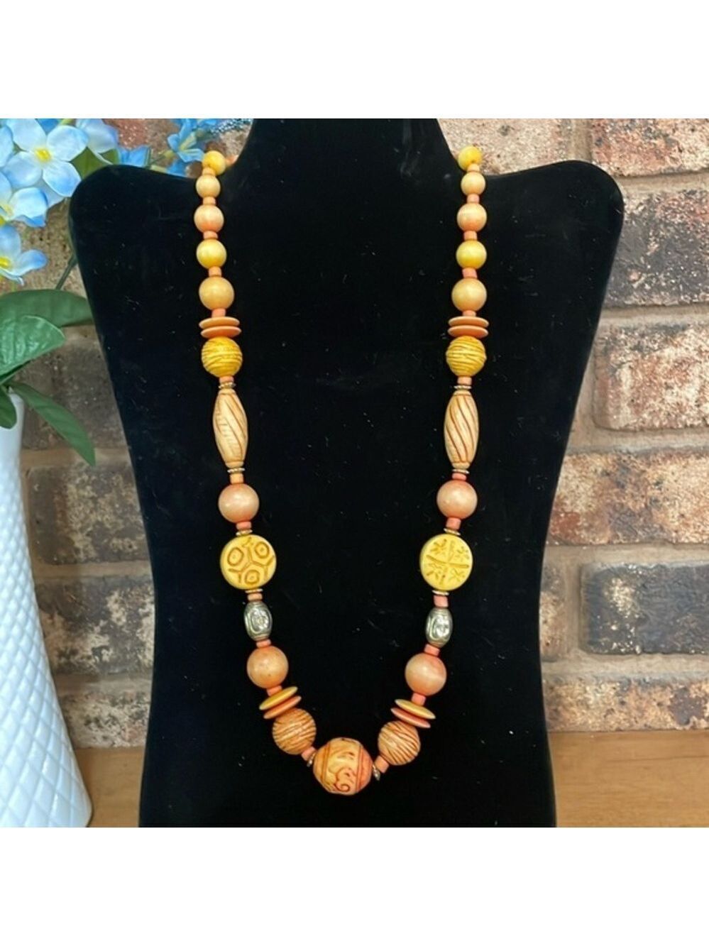 Vintage Wooden Tribal Aztec Orange Beaded Necklace